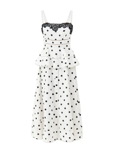Self-Portrait White Polka Dot Linen Midi Dress