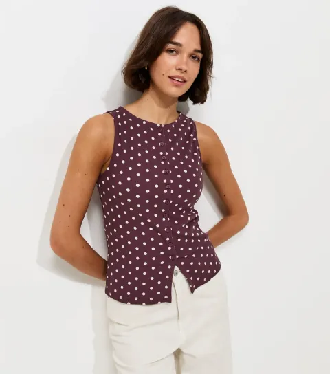 Women's Purple Polka Dot Button Through Sleeveless Top