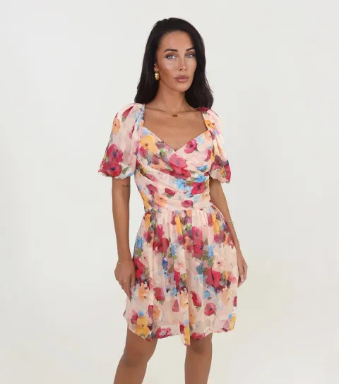 Women's Pink Chiffon Floral Wrap Mini Dress