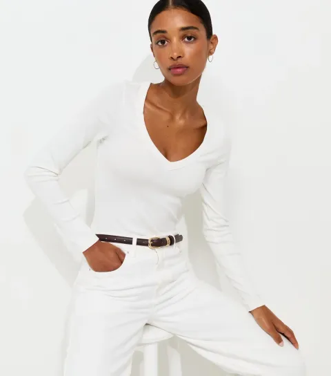 Women's Cream Cotton Rich V-Neck Long Sleeve Top