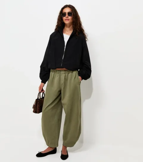 Women's Khaki Cotton Barrel Leg Adjustable Taper Trousers