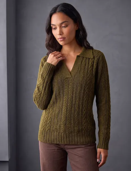Roman Cable Knit Henley Jumper Olive