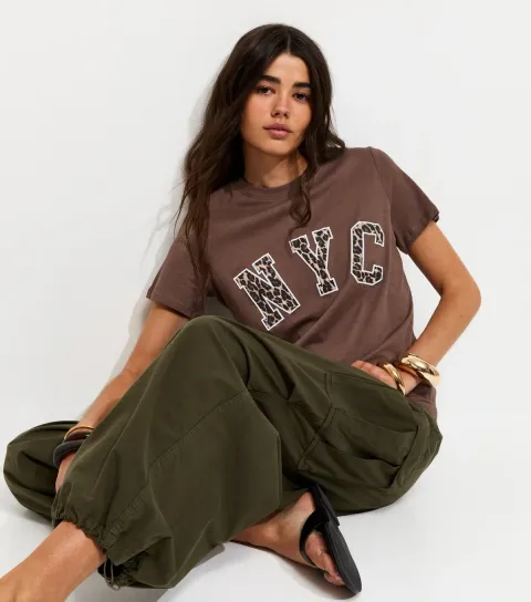 New Look Women's Dark Brown Cotton Leopard Print NYC Logo T-Shirt