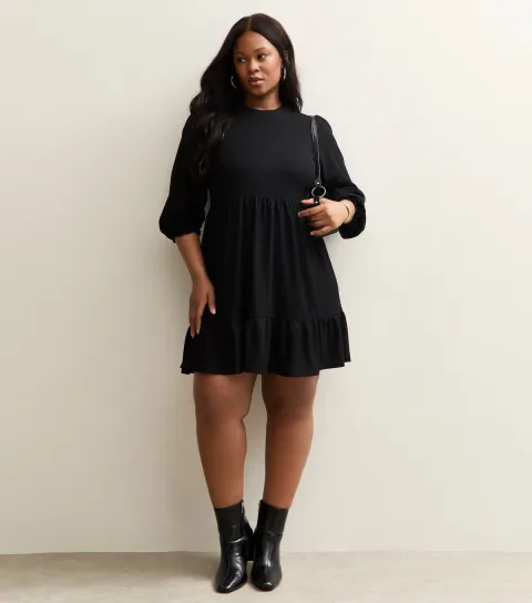 Women's Curve Black Smock Long Sleeve Tiered Mini Dress
