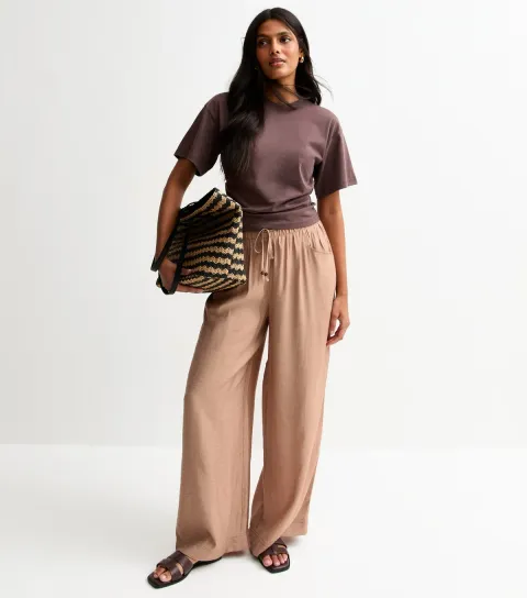 New Look Women's Mink Textured Wide Leg Trousers