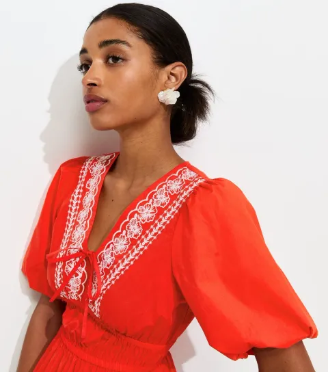 Women's Bright Red Cotton Embroidered Trim Tea Blouse