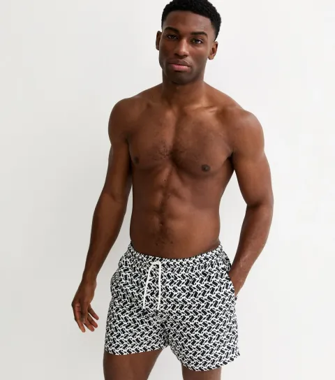 Men's Black Regular Geometric Print Swim Shorts