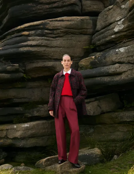 Jaeger Italian Wool Rich Wide Leg Trousers Red Mix