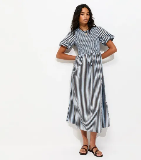 Women's Blue Cotton Striped Shirred Midi Dress