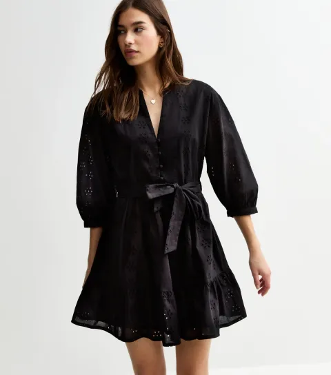 Women's Black Broderie Anglaise Mini Dress