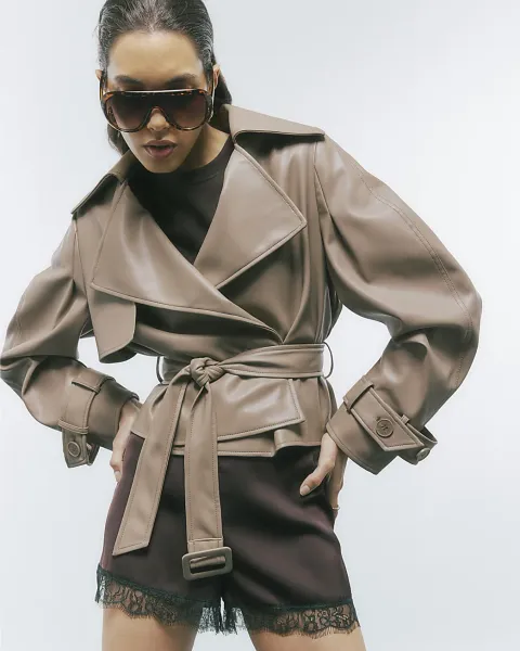 River Island Faux Leather Belted Trench Jacket