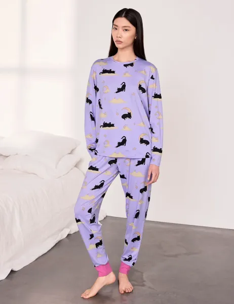 Chelsea Peers Jersey Halloween Cats Clouds Print Crew Neck Pyjama Set Lilac