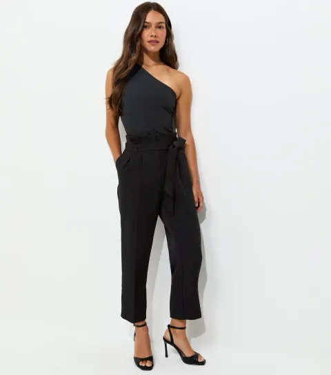 Women's Petite Black Woven Paperbag Waist Trousers
