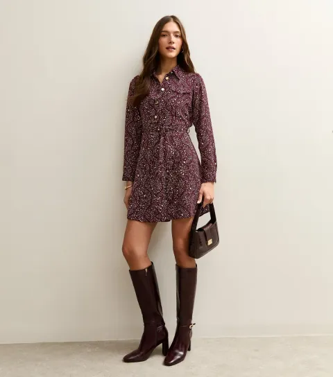 Women's Dark Red Speckled Mini Shirt Dress