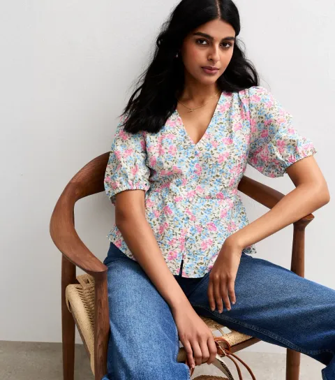 Women's Pink Floral Print Creased Texture Tea Blouse