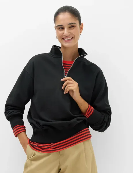 Marks & Spencer Pure Cotton Premium Half Zip Ultimate Sweatshirt Black