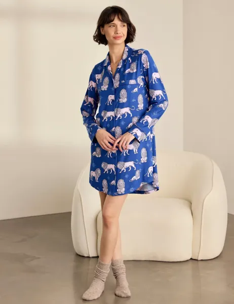 Chelsea Peers Moonlit Lion Button Front Long Sleeve Night Shirt Blue