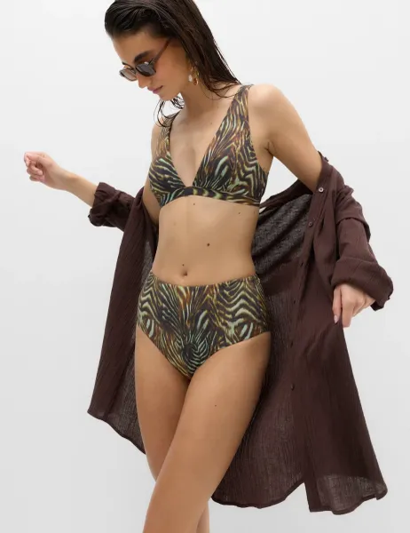 Marks & Spencer Tummy Control High Waisted High Leg Bikini Bottoms Dark Green Mix