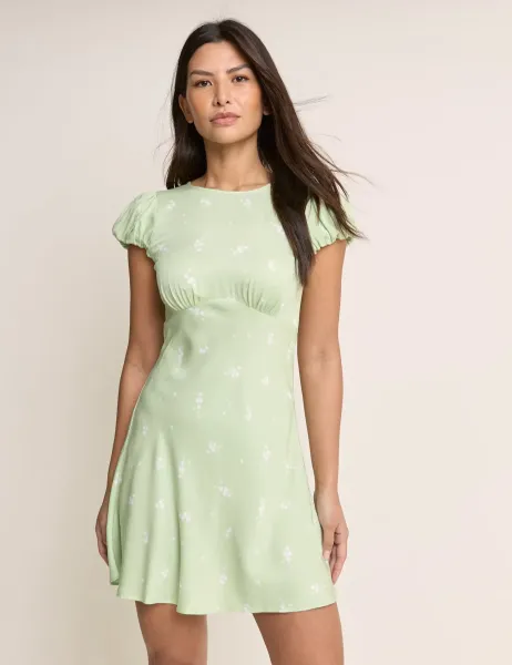 Nobody's Child Printed Tie Detail Mini Tea Dress Green Mix