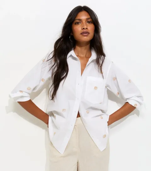 Women's White Cotton Embroidered Shell Long Sleeve Shirt