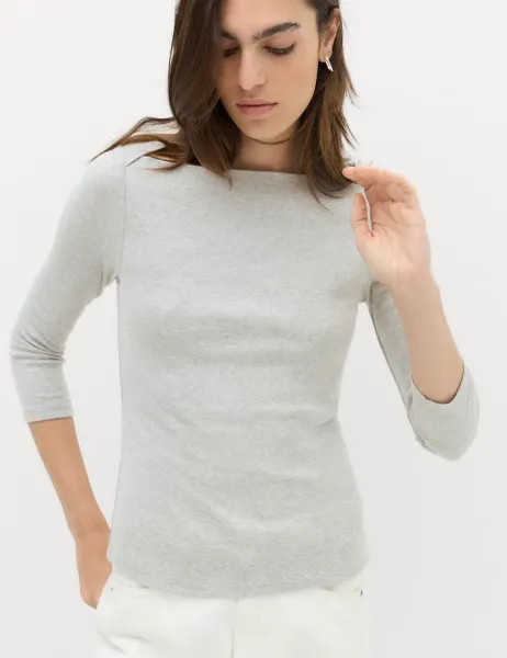 Marks & Spencer Pure Cotton Slash Neck Top Grey Marl