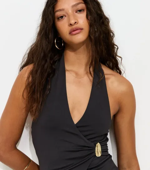 Women's Black Wrap Halter Neck Top