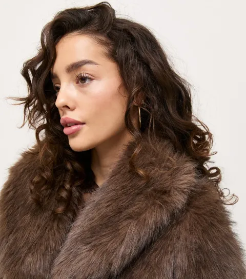Women's Petite Brown Faux Fur Shawl Collar Jacket