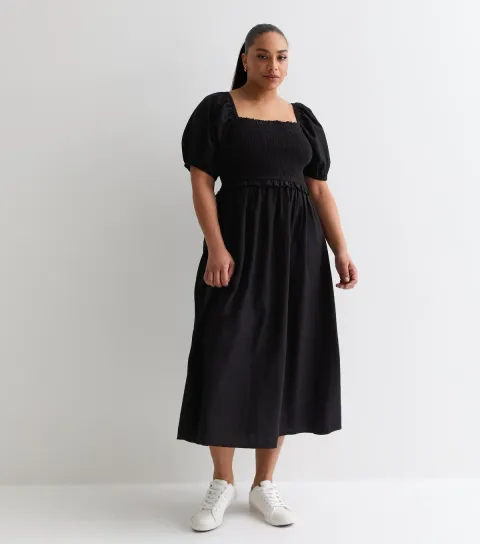 Women's Plus Size Black Square Neck Shirred Midi Dress Curves