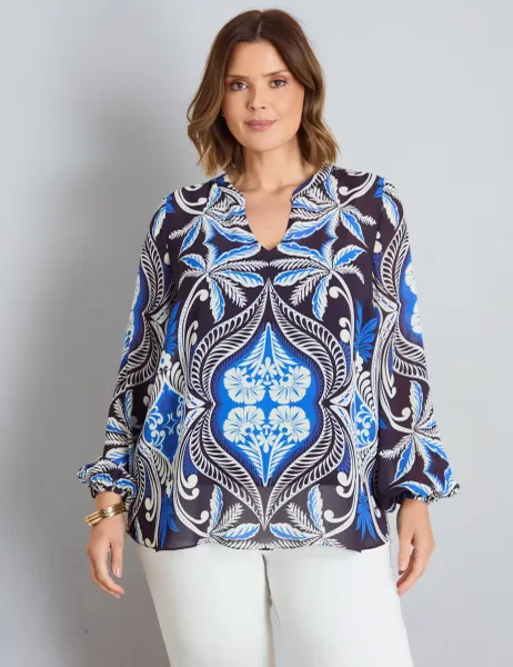 Live Unlimited London Printed Notch Neck Blouson Sleeve Blouse Blue Mix