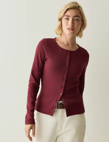 Regatta Cotton Rich Ribbed Button Detail Fitted Top Burgundy