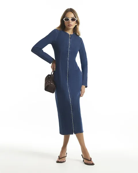 River Island Zip Through Denim Midi Dress