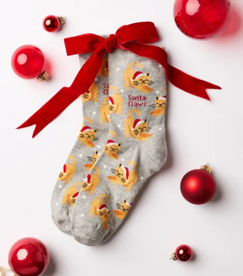New Look Light Grey Cotton Rich Christmas Santa Claws Patterned Ankle Socks