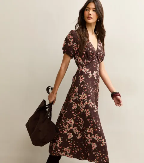 Women's Brown Floral Print Short Sleeve Tea Midi Dress