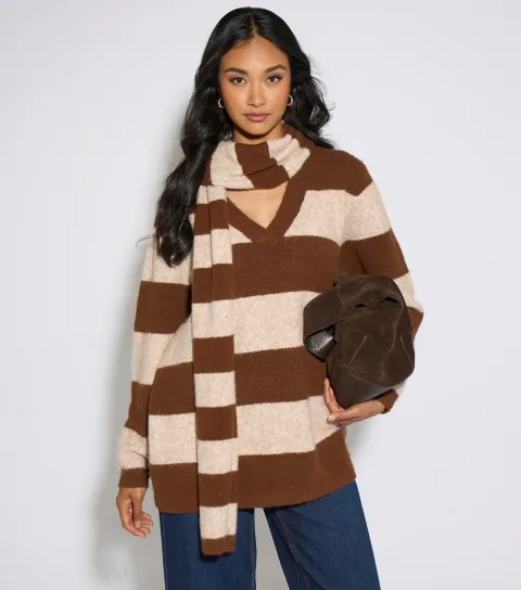 Gini London Women's Brown Striped V-Neck Jumper and Scarf