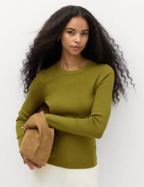 Marks & Spencer Ribbed Crew Neck Fitted Jumper Moss