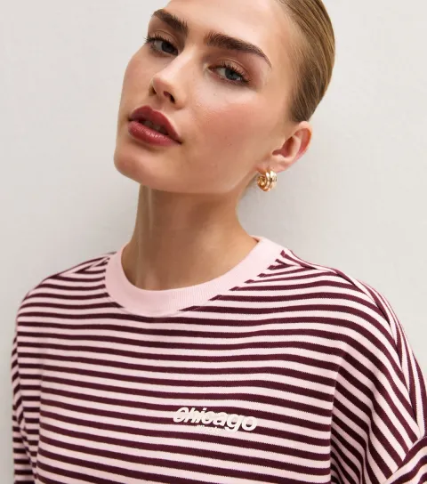 New Look Women's Premium Pink Cotton Striped Chicago Long Sleeve T-Shirt