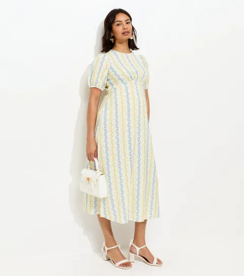 Women's Maternity Cream Floral Print Midi Dress