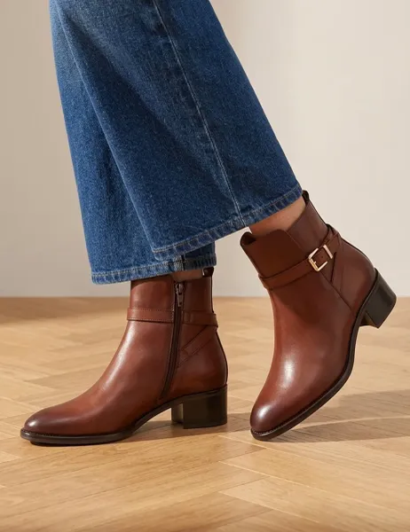 Jones Bootmaker Leather Block Heel Ankle Boots Chocolate