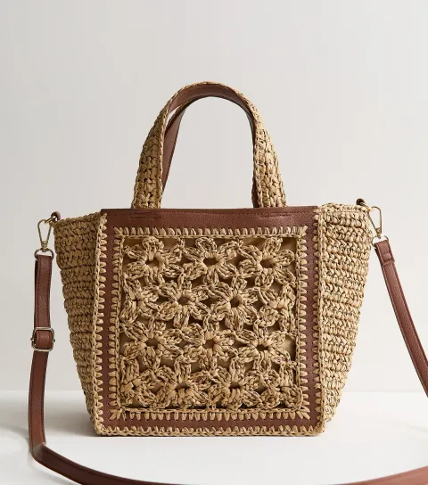 Brown Whipstitched Floral Tote