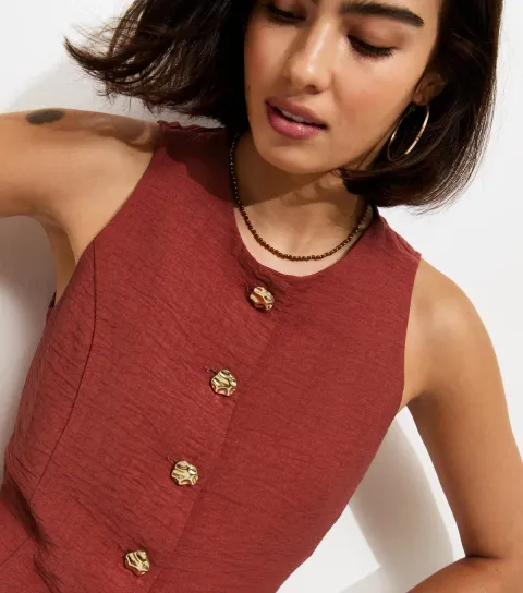 Women's Rust Crinkled Textured Button Waistcoat