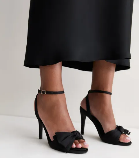 New Look Women's Black Satin Bow Front Stiletto Heel Sandals Vegan
