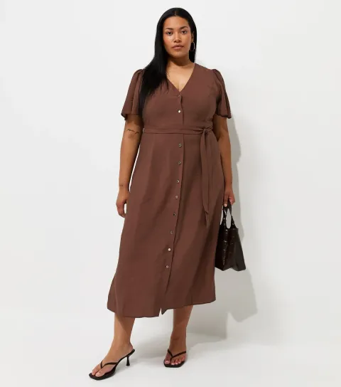 Women's Plus Size Dark Brown Button Through Puff Sleeve Midi Dress Curves