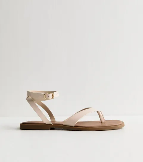 Women's Cream Toe Post Wrap Around Ankle Strap Sandals