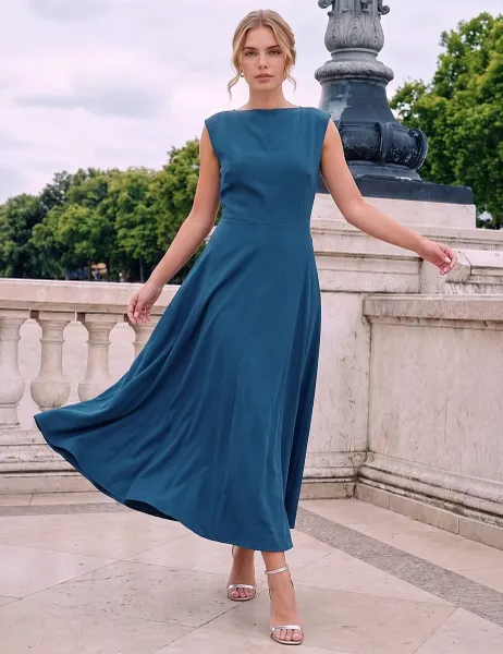 Roman Asymmetric Neck Knee Length Dress Teal Mix