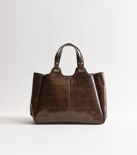Dark Brown Faux Leather Crocodile Embossed Mini Shopper Tote