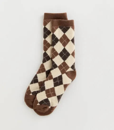Brown Knit Argyle Ankle Socks