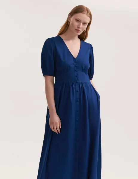 Finery London Pure Cotton V-Neck Midi Tea Dress Indigo