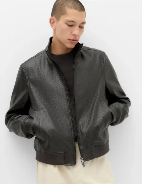 Marks & Spencer Faux Leather Textured Funnel Neck Jacket Dark Grey