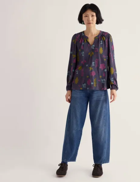 Seasalt Cornwall Cotton Rich Printed Notch Neck Blouson Sleeve Blouse with Modal