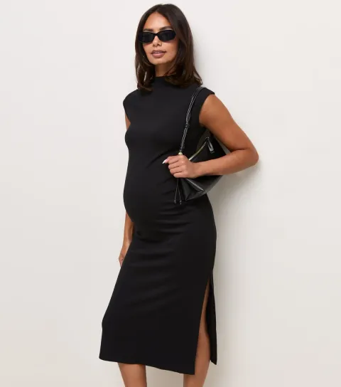 Women's Maternity Black High Neck Ruched Midi Dress